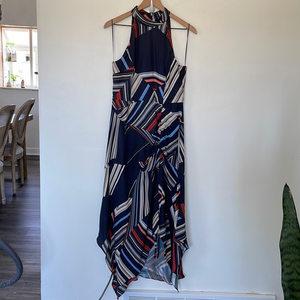 Parker | 100% Silk Halter Neck Handkerchief Hem Graphic Stripe Print Midi Dress